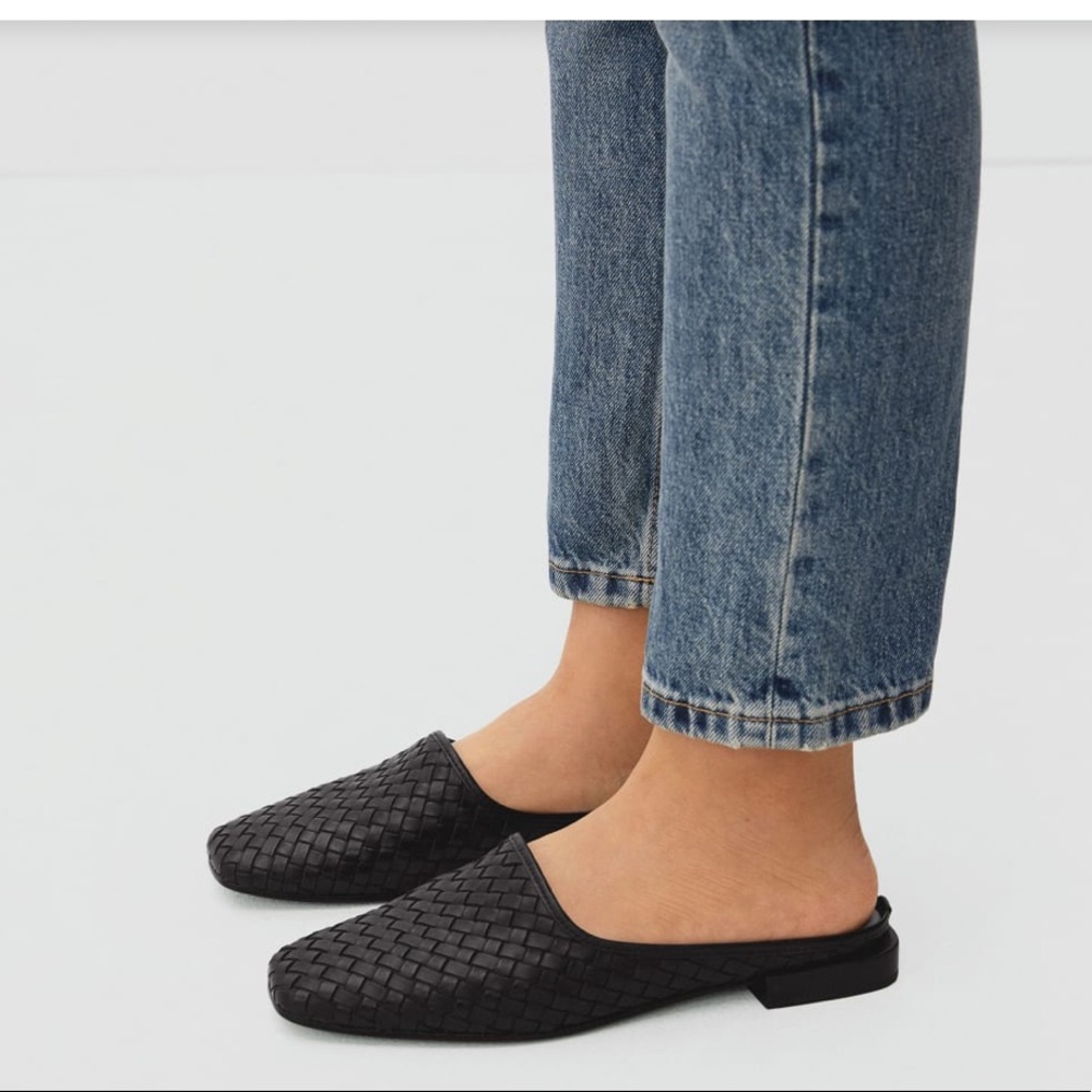 Black Leather Woven Mules